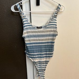 Blue white gray striped bodysuit